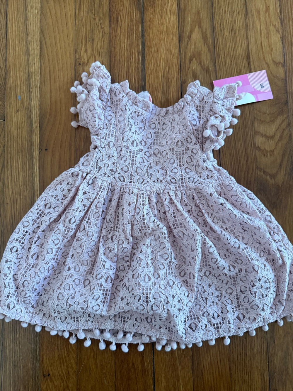 Lace Pom-Pom Baby Dress in Dusty Pink